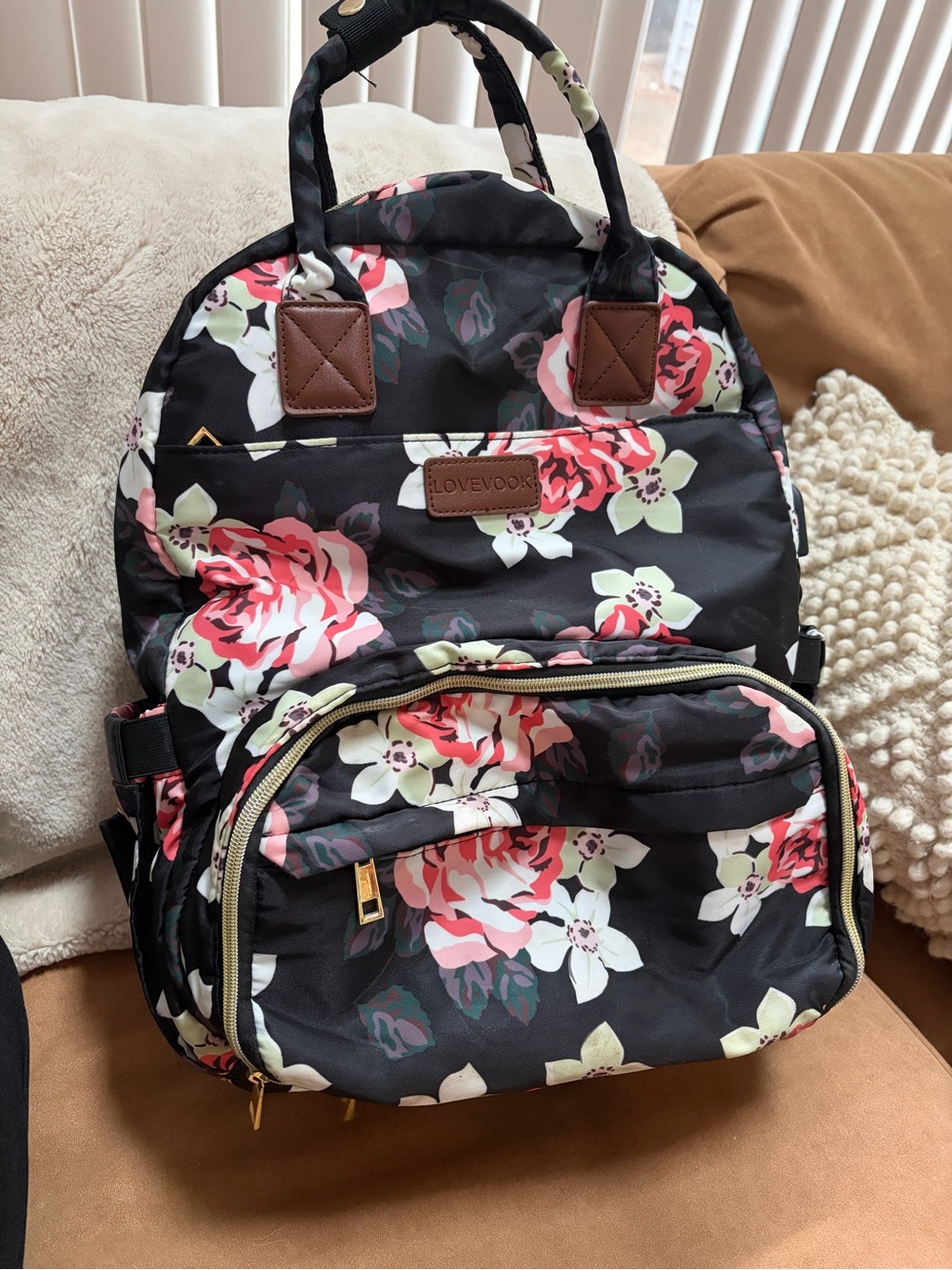 Floral Black Backpack Tote - Black with Pink & Cream Flowers